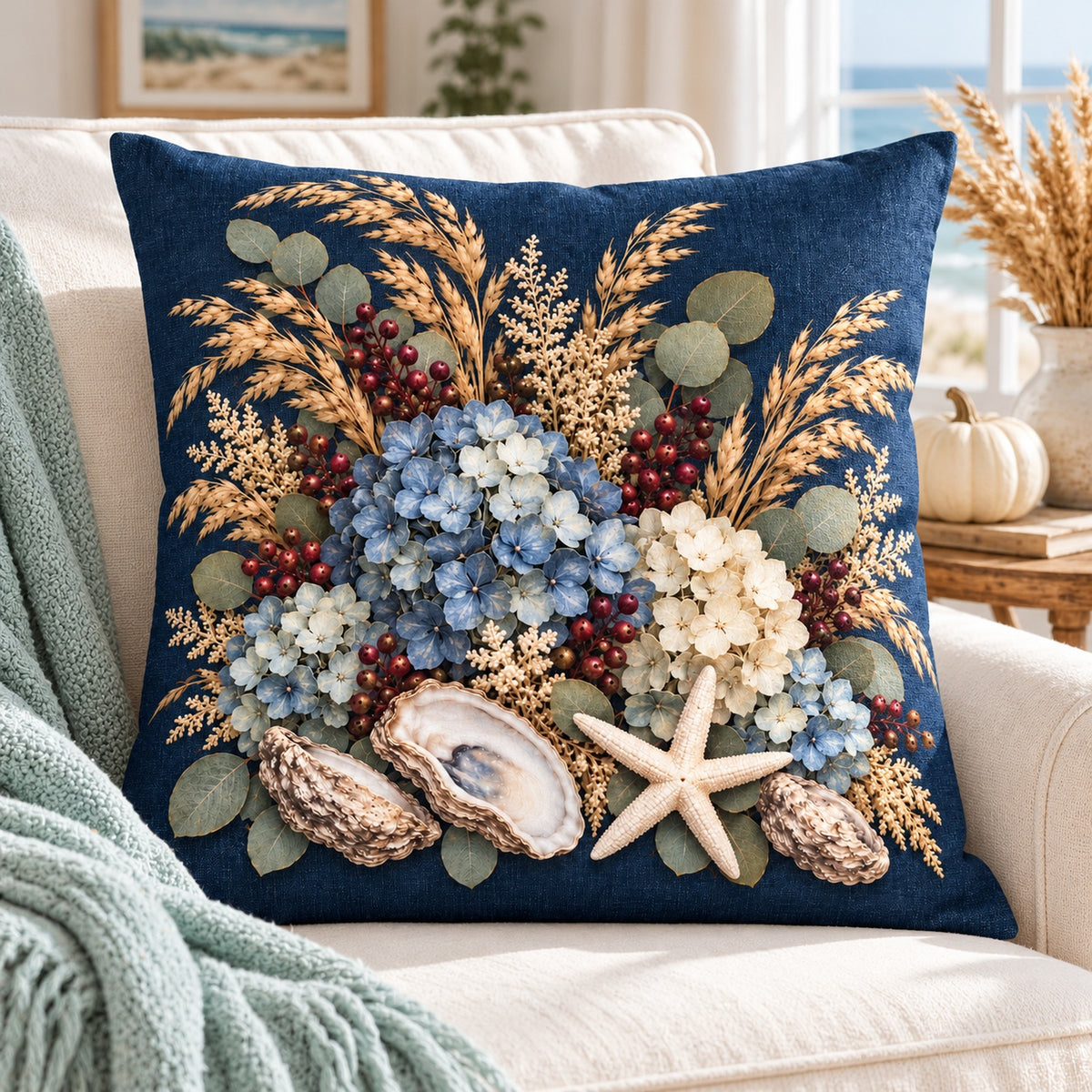 Navy starfish coastal bouquet pillow cover on a cream chair with seafoam throw and fall accents