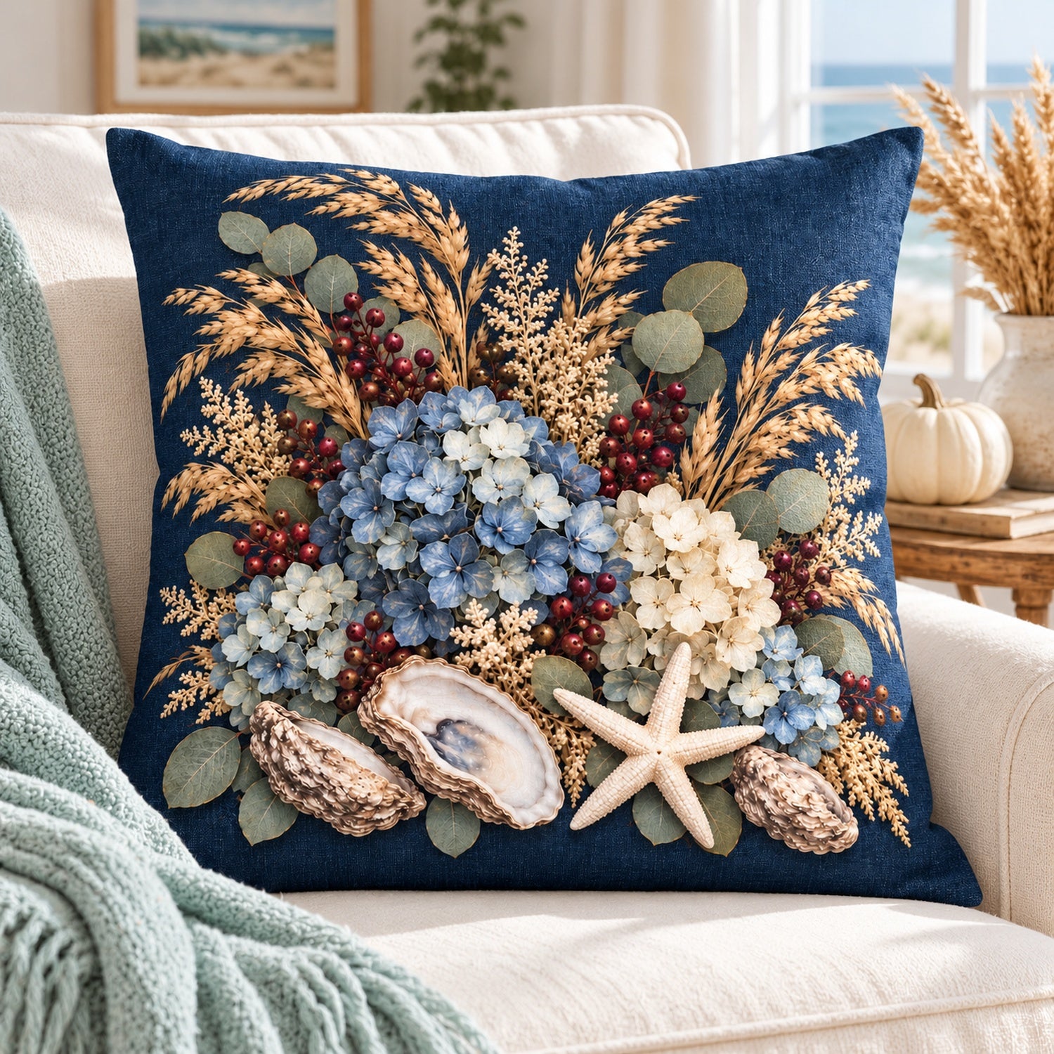 Navy starfish coastal bouquet pillow cover on a cream chair with seafoam throw and fall accents