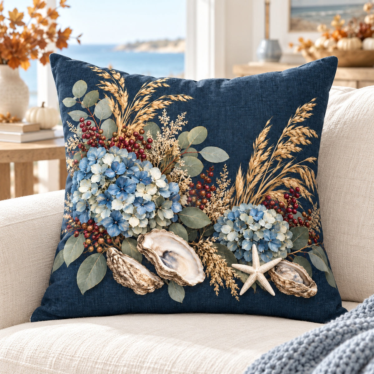 Navy starfish and oyster autumn pillow cover on an ivory sofa in a bright coastal living room