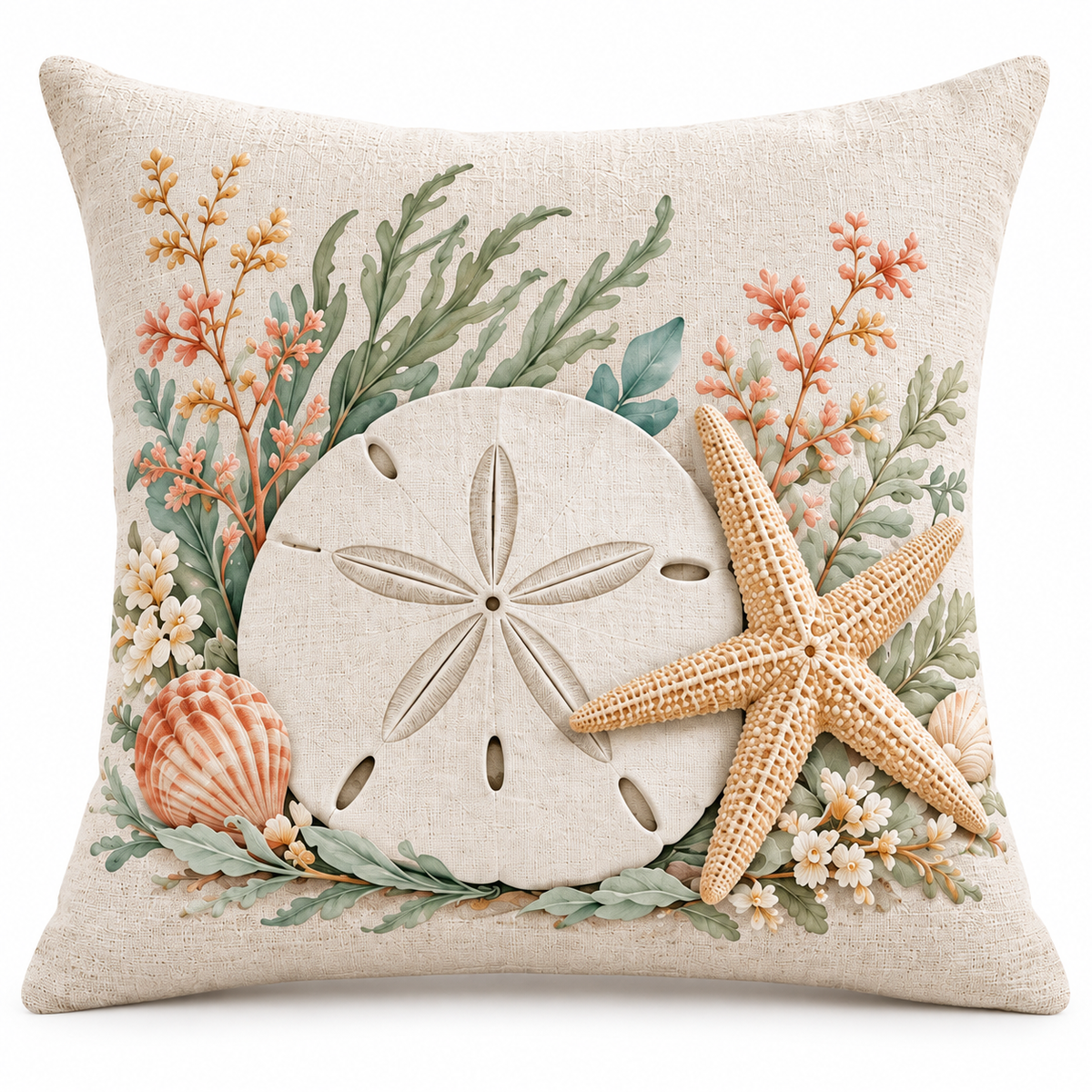 Starfish and sand dollar coastal fall pillow cover on a clean white background