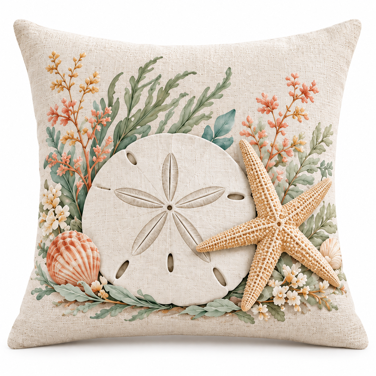 Starfish and sand dollar coastal fall pillow cover on a clean white background