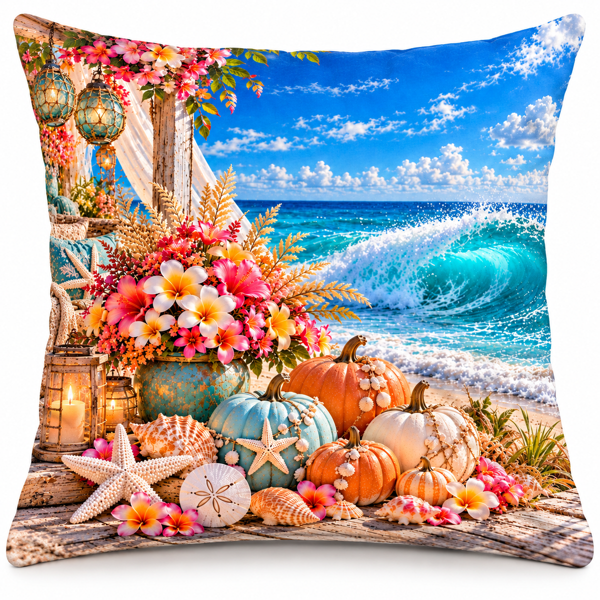 Tropical Pumpkin Porch printed coastal pillow cover featuring tropical flowers, coastal pumpkins, lanterns and ocean wave, on a white background