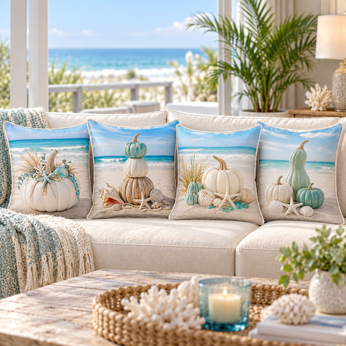 Four turquoise and aqua coastal pillow covers styled together in a bright beach house living room
