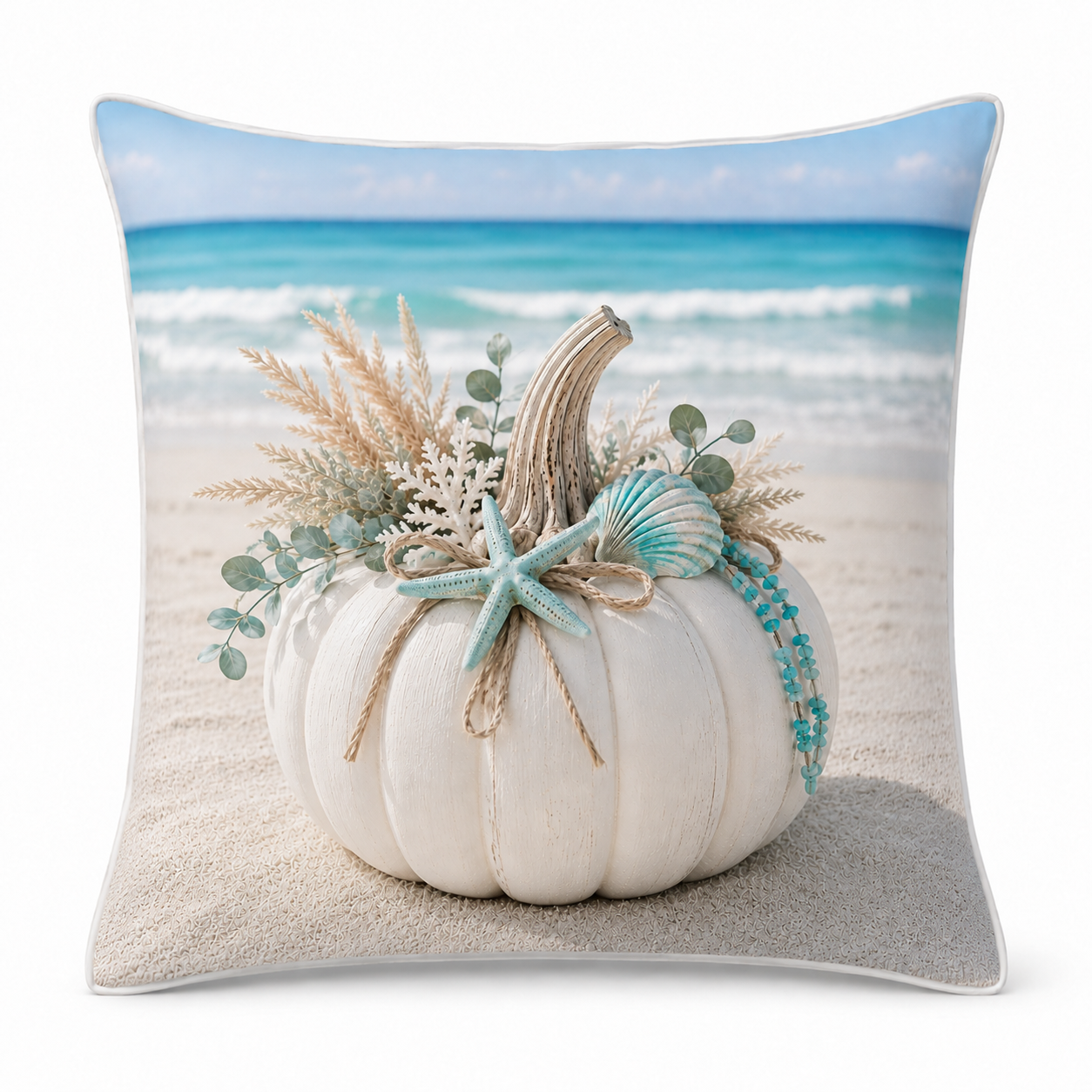 Turquoise Coast pillow cover with white coastal pumpkin and turquoise botanical accents