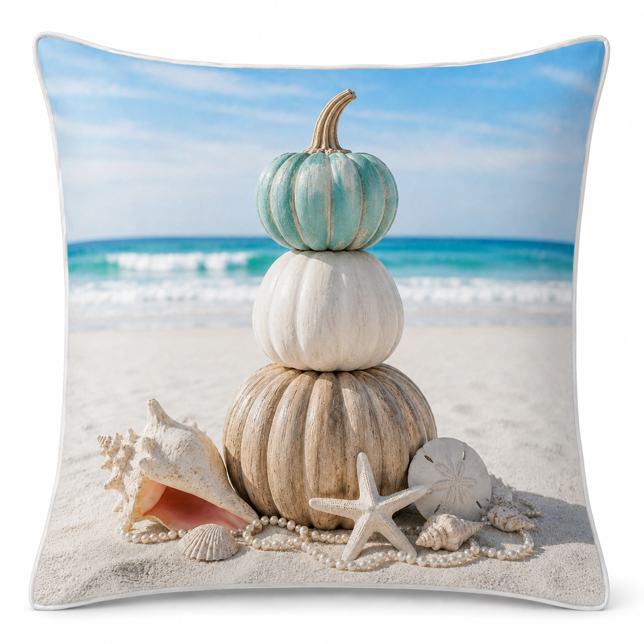 Turquoise and ivory coastal pillow cover with stacked pumpkins and seashells