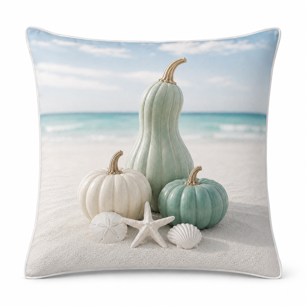 Turquoise Shore pillow cover with seafoam and ivory pumpkins, starfish and shells