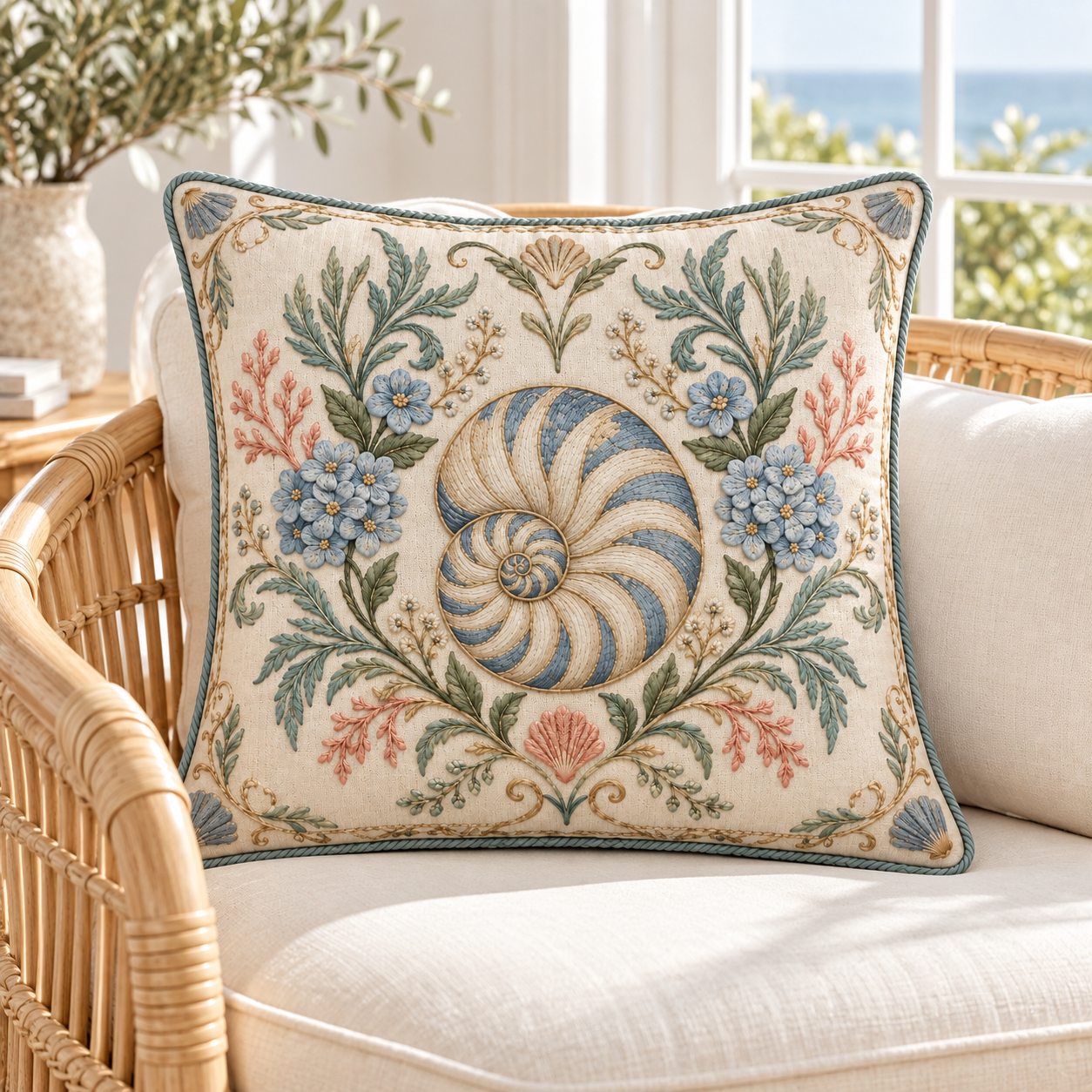 Heritage Nautilus pillow cover styled on a rattan chair