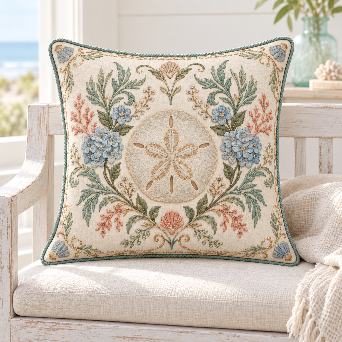 Coastal Sand Dollar pillow cover styled on a coastal bench