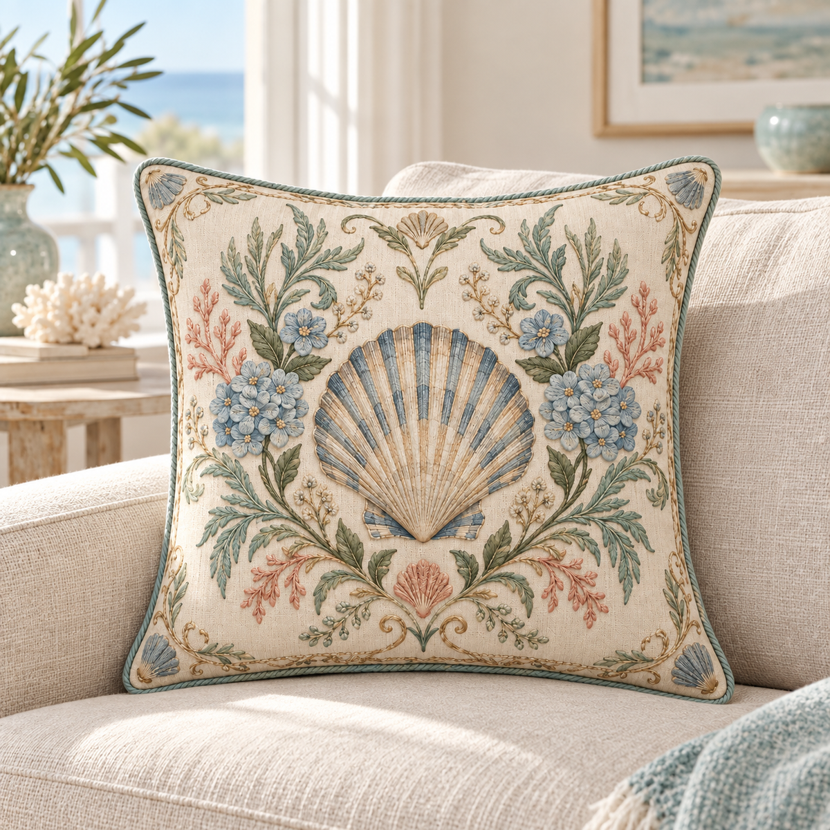 Scallop Coastal Charm pillow cover styled on a linen sofa