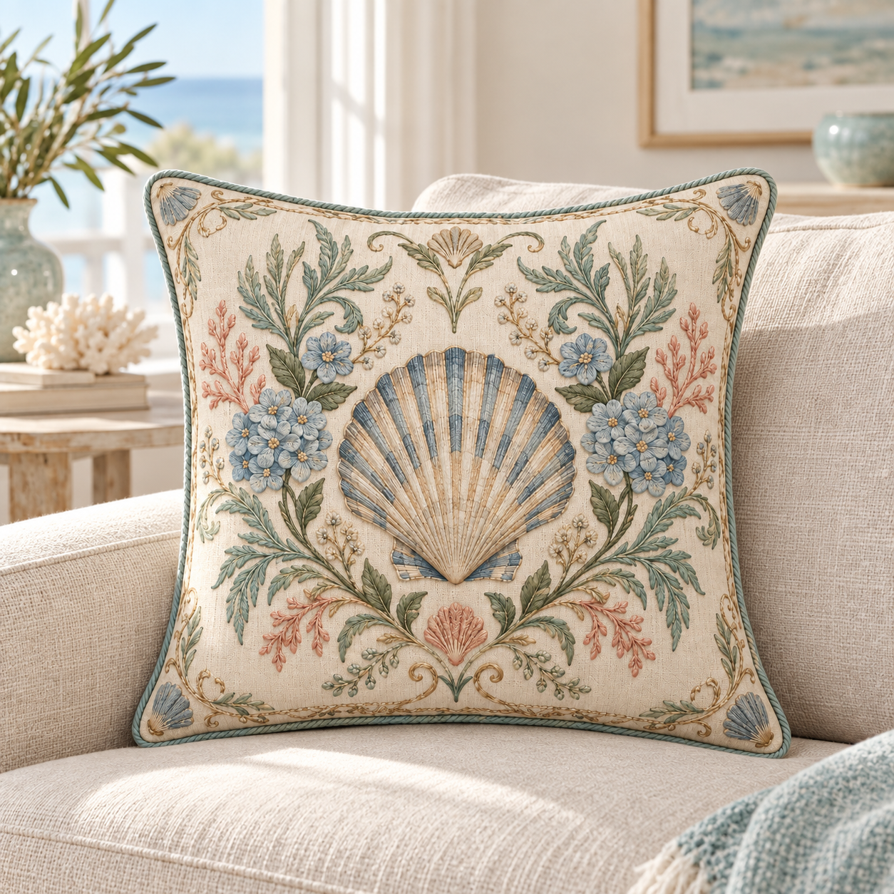 Scallop Coastal Charm pillow cover styled on a linen sofa