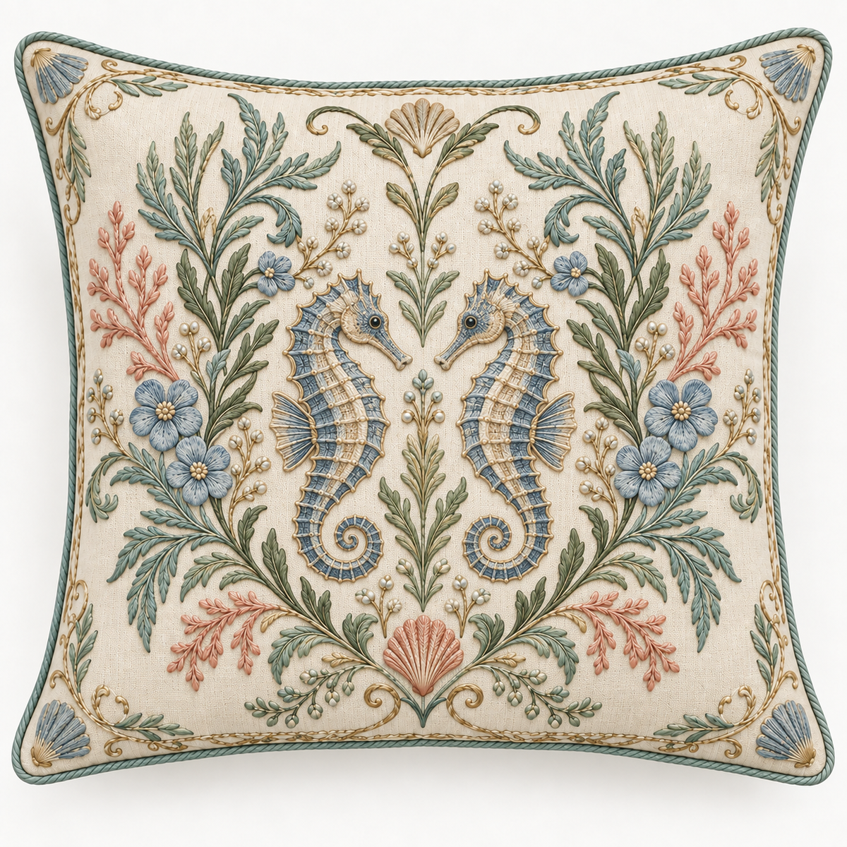 Coastal Seahorses pillow cover, clean front view