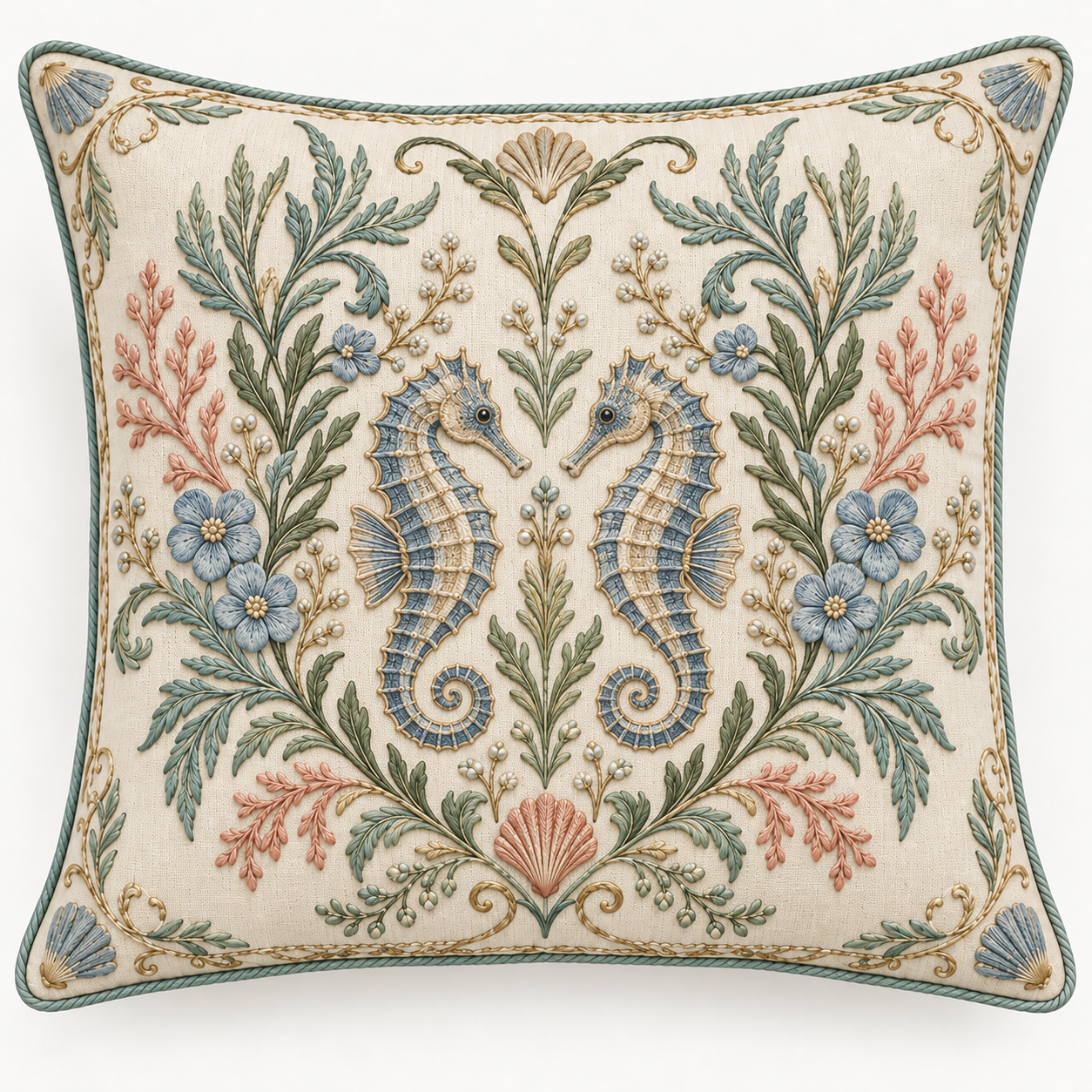 Coastal Seahorses pillow cover, clean front view