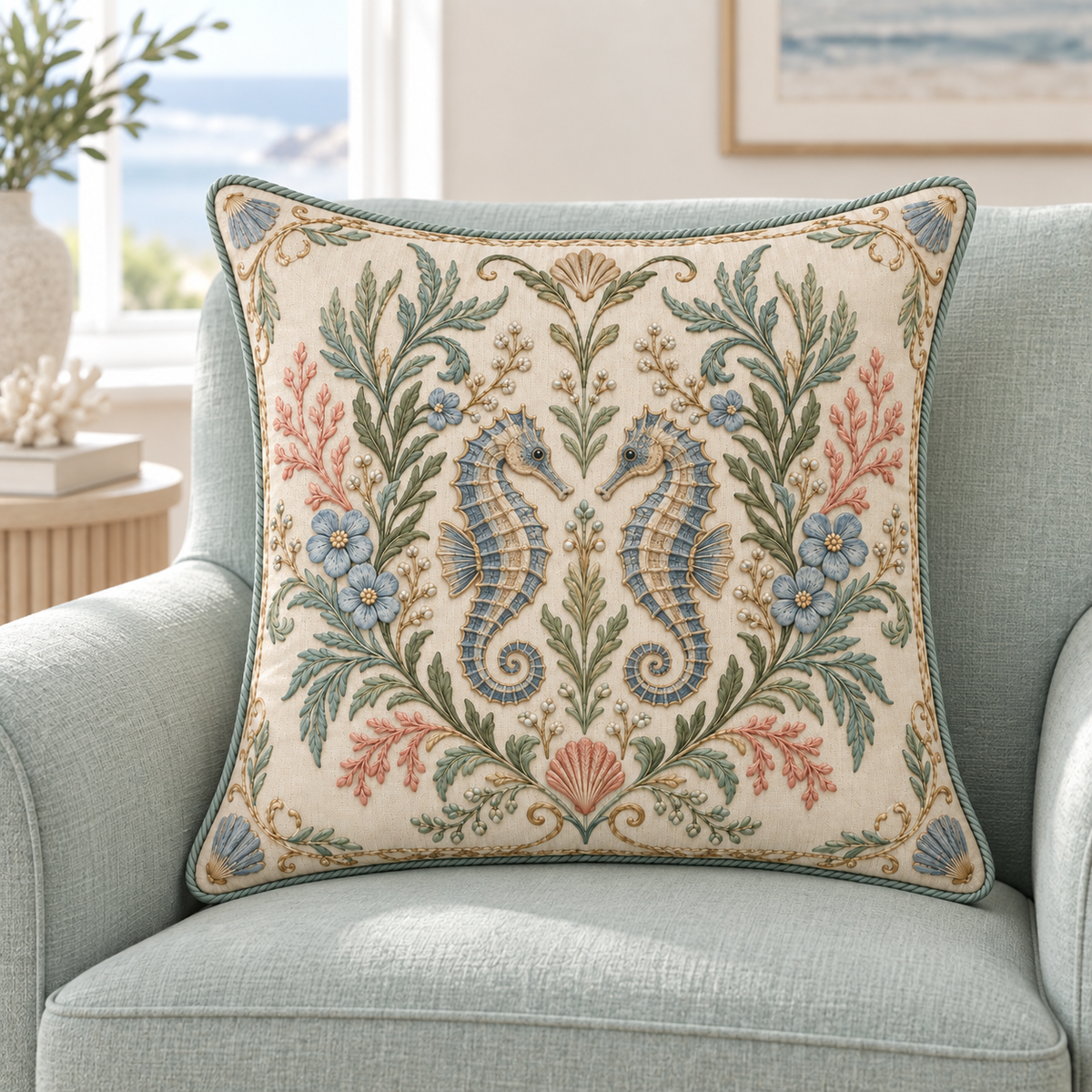 Coastal Seahorses pillow cover styled on a seafoam chair
