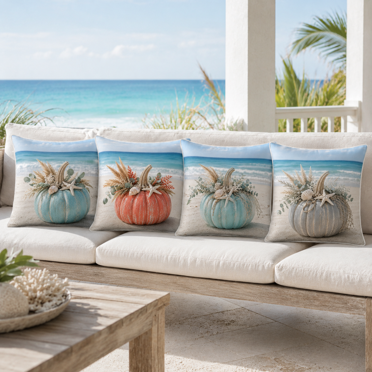 Four coastal pumpkin pillow covers in turquoise, coral, seafoam and grey styled on a seaside patio