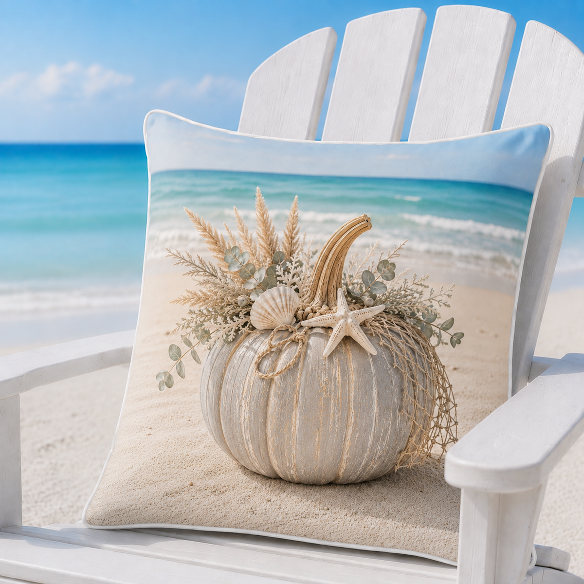 Coastal grey pumpkin pillow cover with starfish and shells on an Adirondack chair by the sea