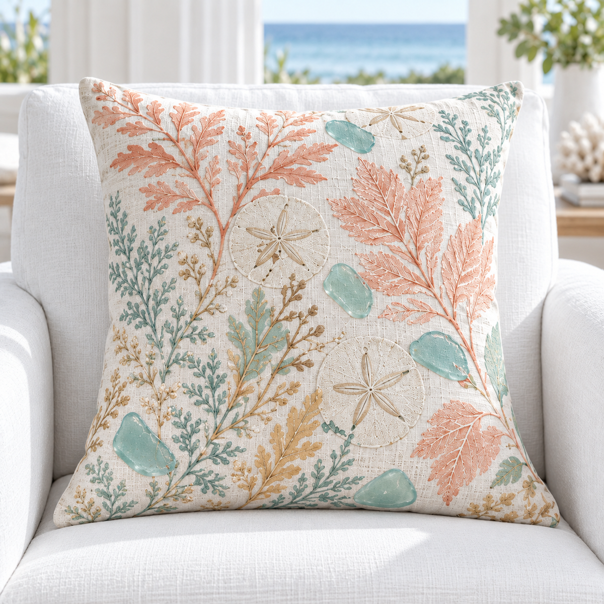 Coral and aquamarine coastal pillow cover with sand dollars and sea glass styled in a beach house