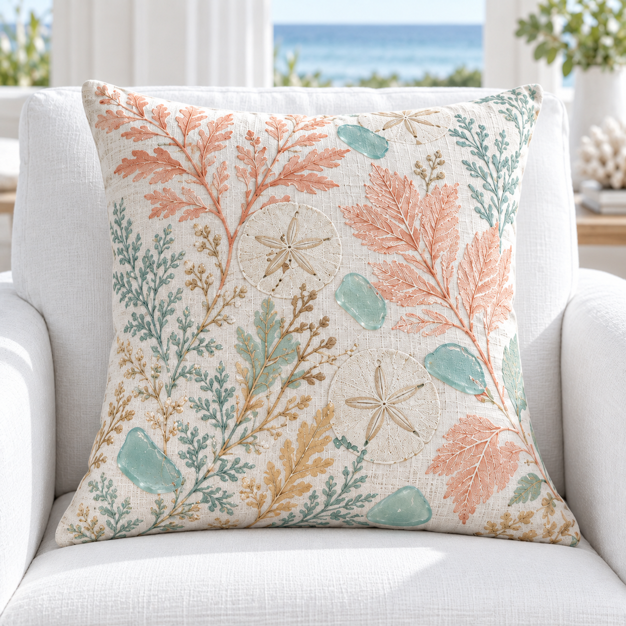 Coral and aquamarine coastal pillow cover with sand dollars and sea glass styled in a beach house