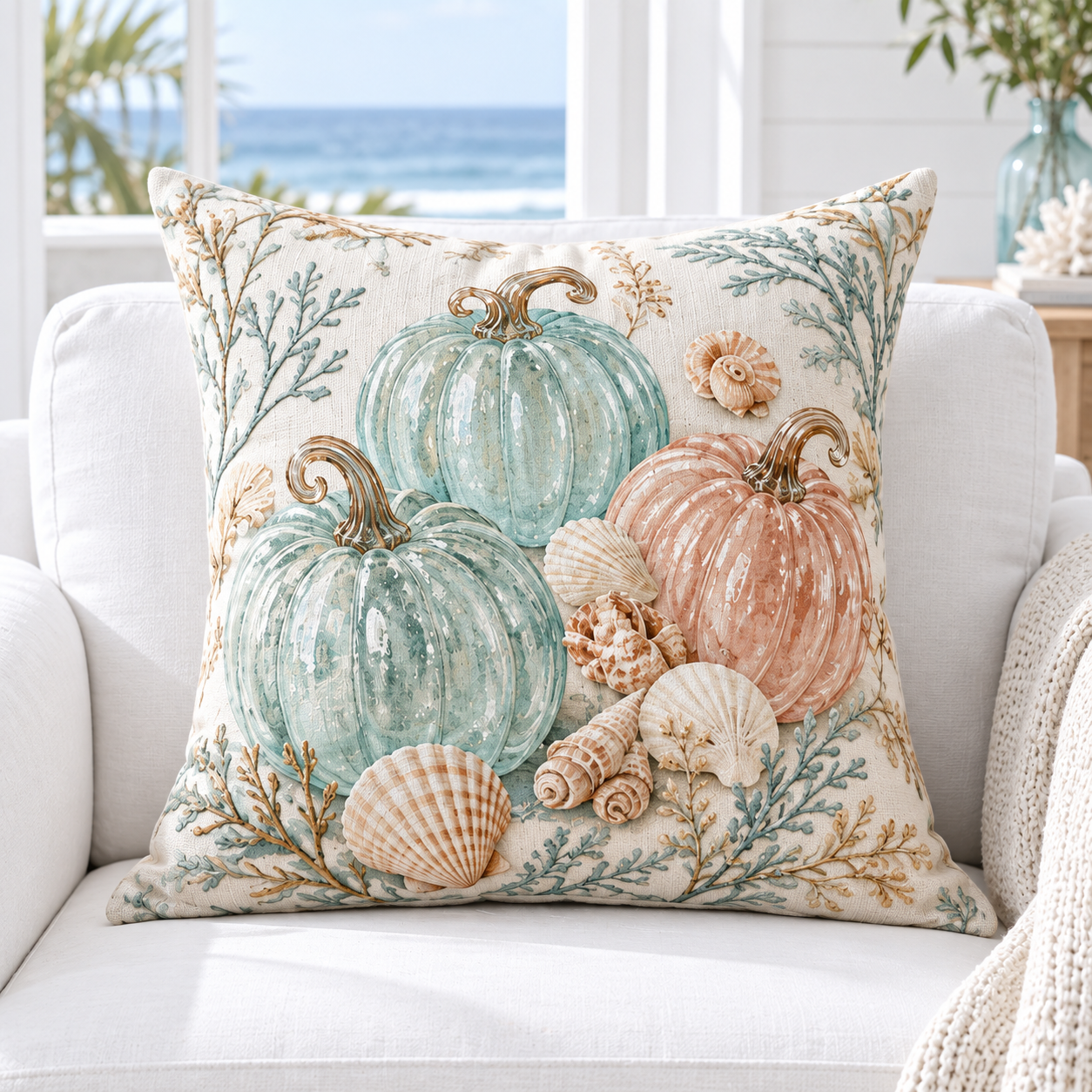 Aqua and blush glass pumpkin pillow cover styled in a bright coastal living room