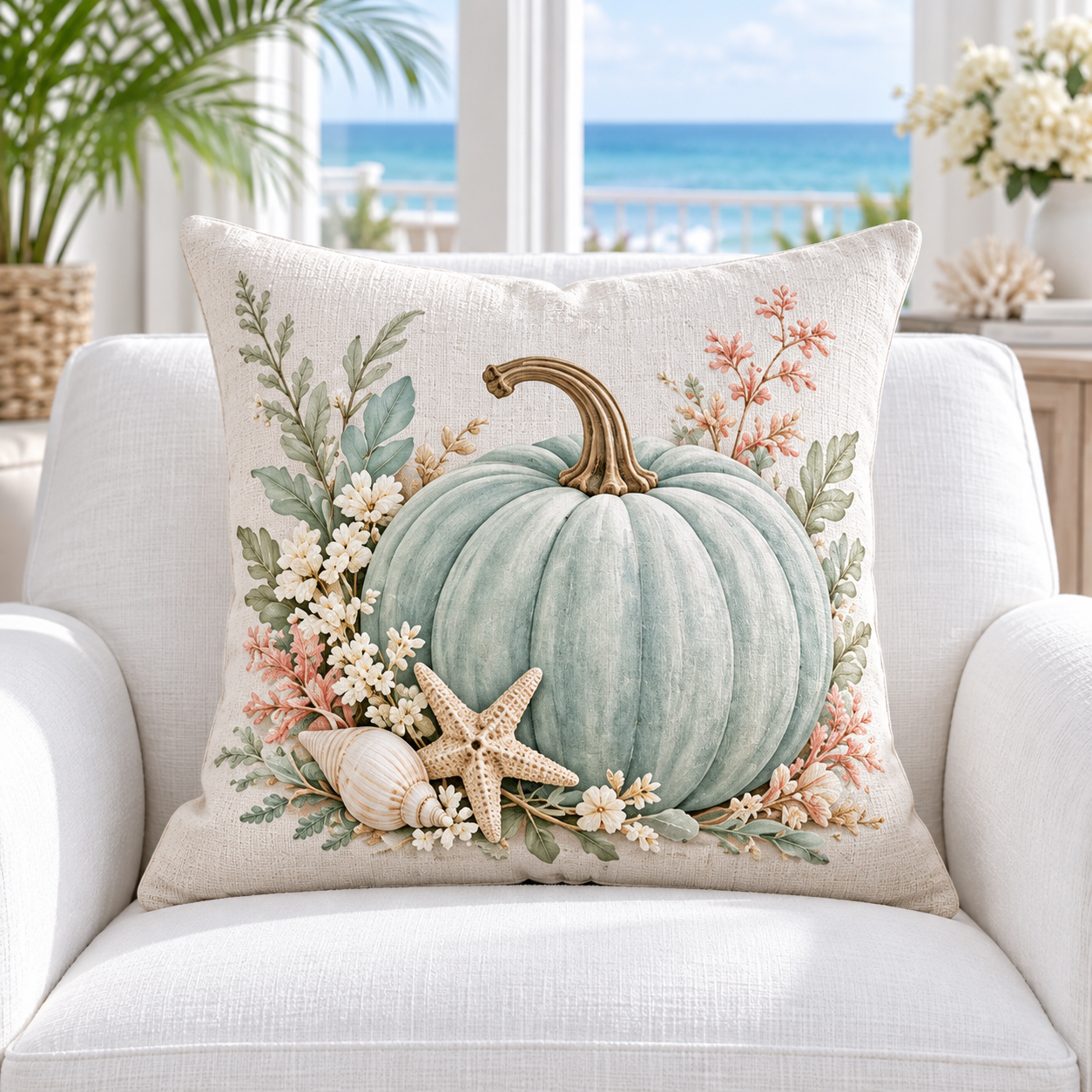 Seafoam coastal pumpkin pillow cover with starfish and shells styled in a bright coastal room