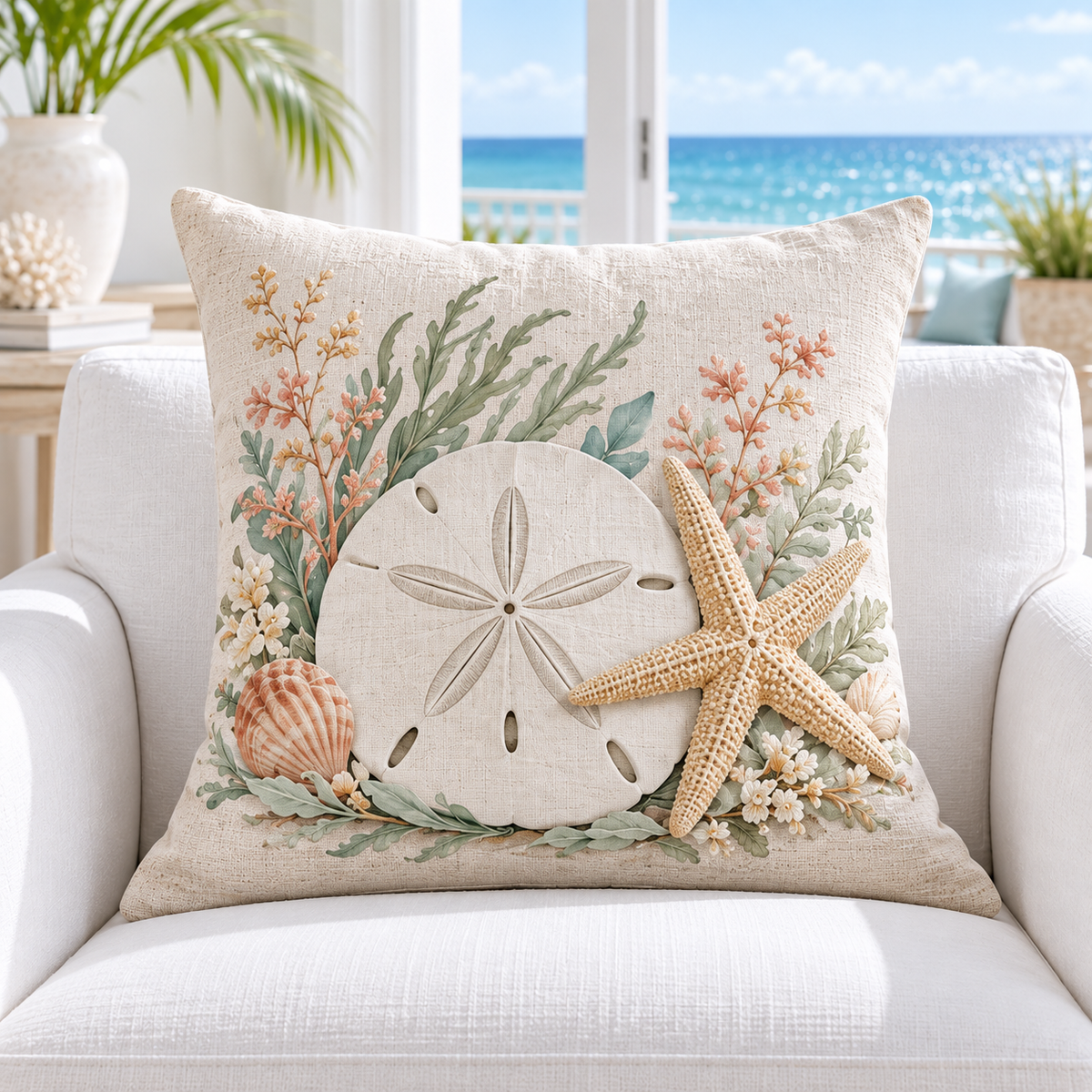 Starfish and sand dollar coastal fall pillow cover styled in a bright beach house