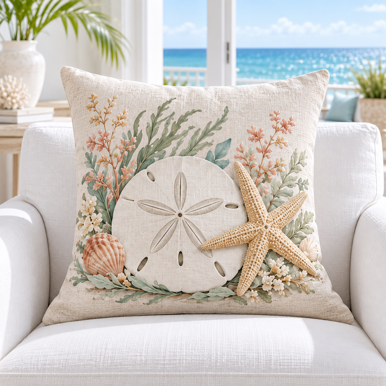 Starfish and sand dollar coastal fall pillow cover styled in a bright beach house