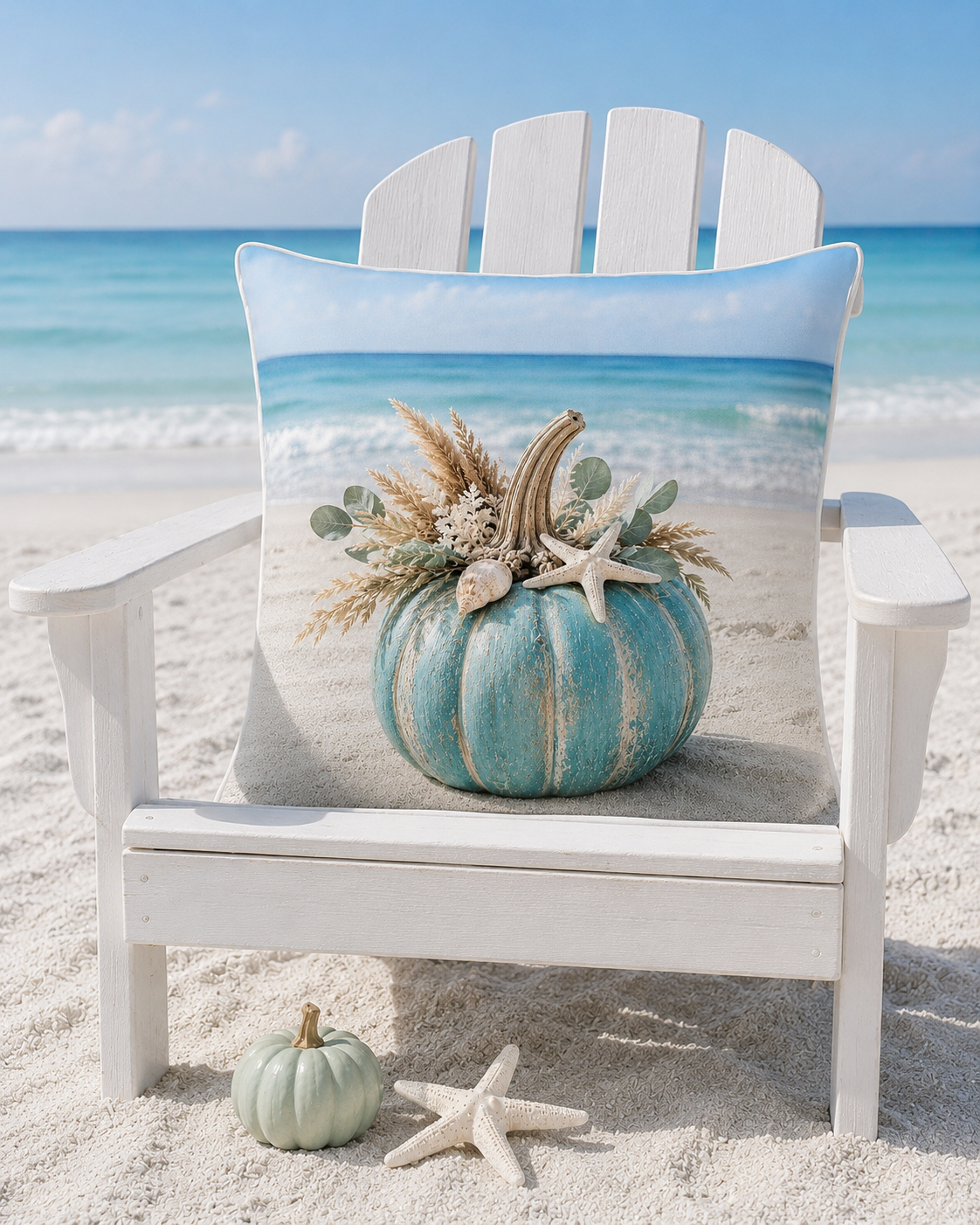 Turquoise coastal pumpkin pillow cover with starfish and shells on an Adirondack chair by the sea