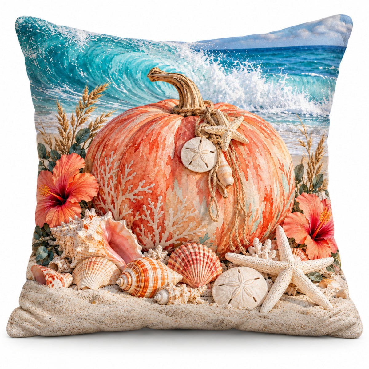 Coral Reef Pumpkin pillow cover on a white background