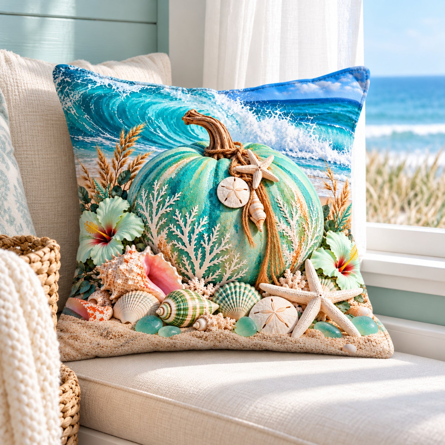 Seafoam Reef Pumpkin pillow cover styled in a bright coastal room