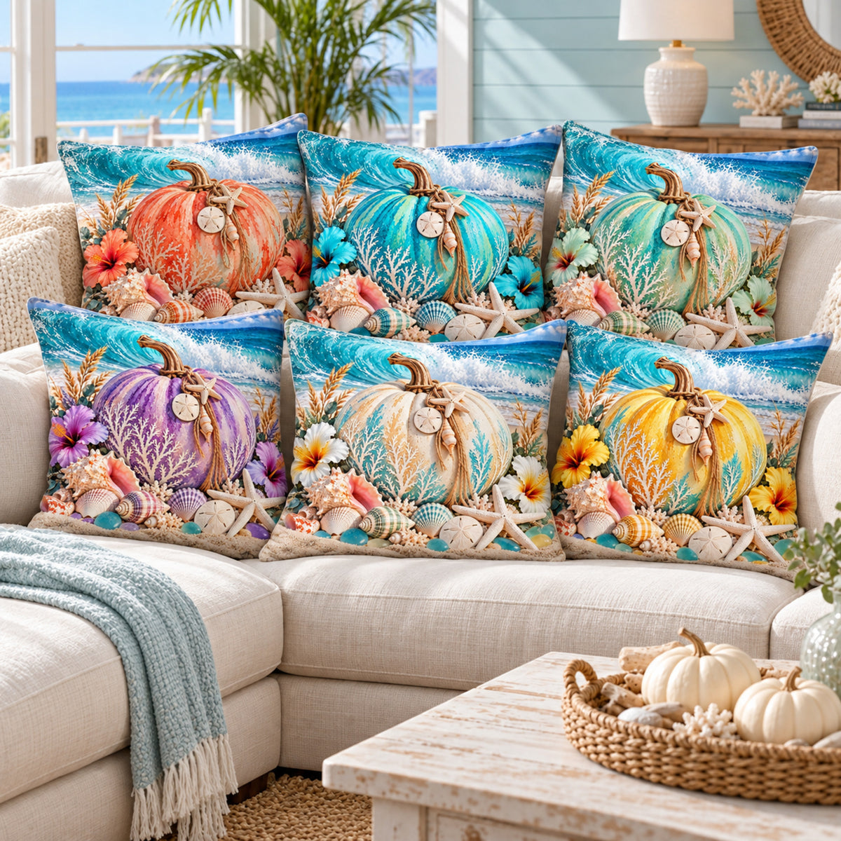 Six coastal reef pumpkin pillow cover designs styled on an ivory sofa in a bright beach house