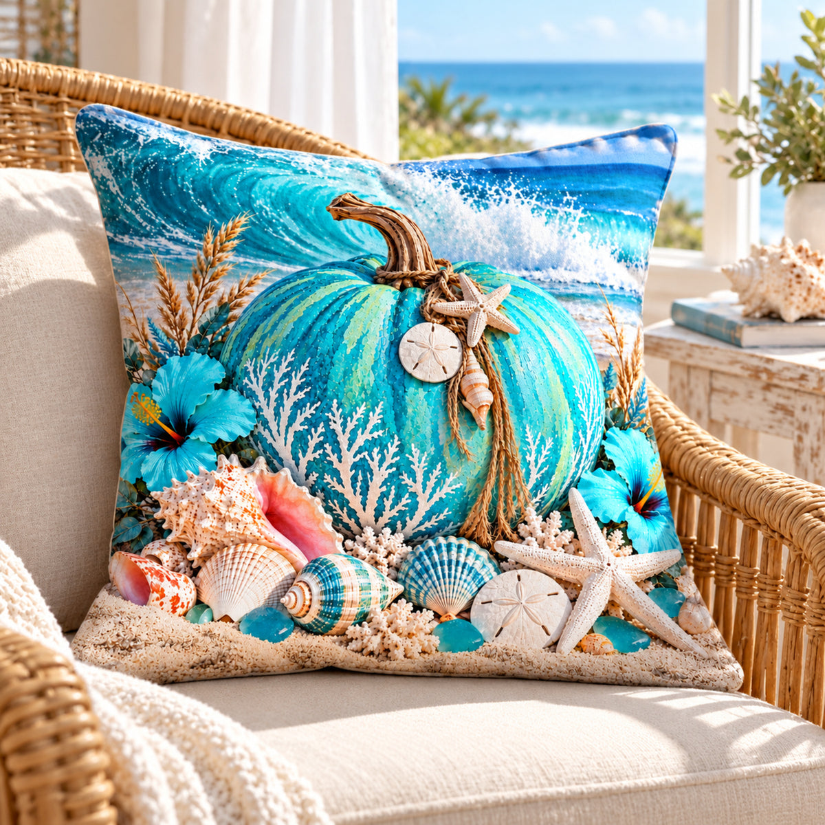Turquoise Reef Pumpkin pillow cover styled in a bright coastal room
