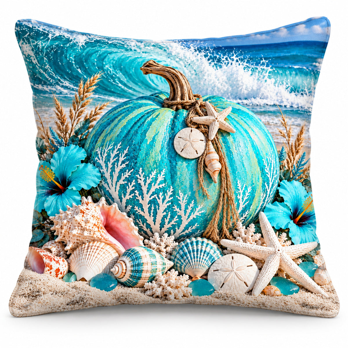 Turquoise Reef Pumpkin pillow cover on a white background
