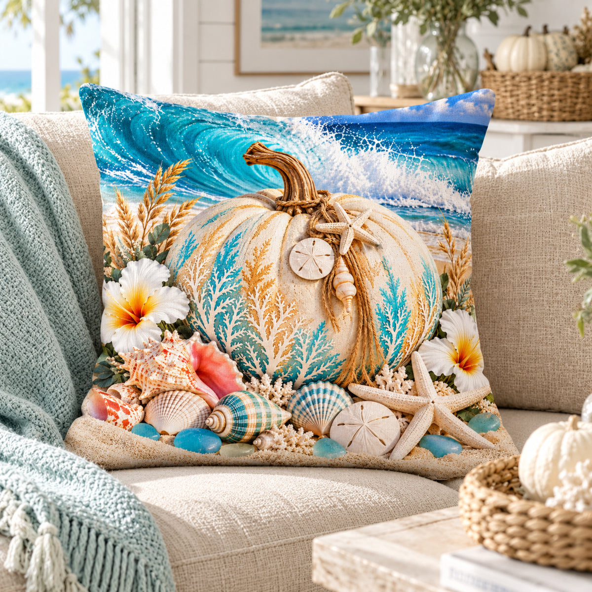 White Reef Pumpkin pillow cover styled in a bright coastal room