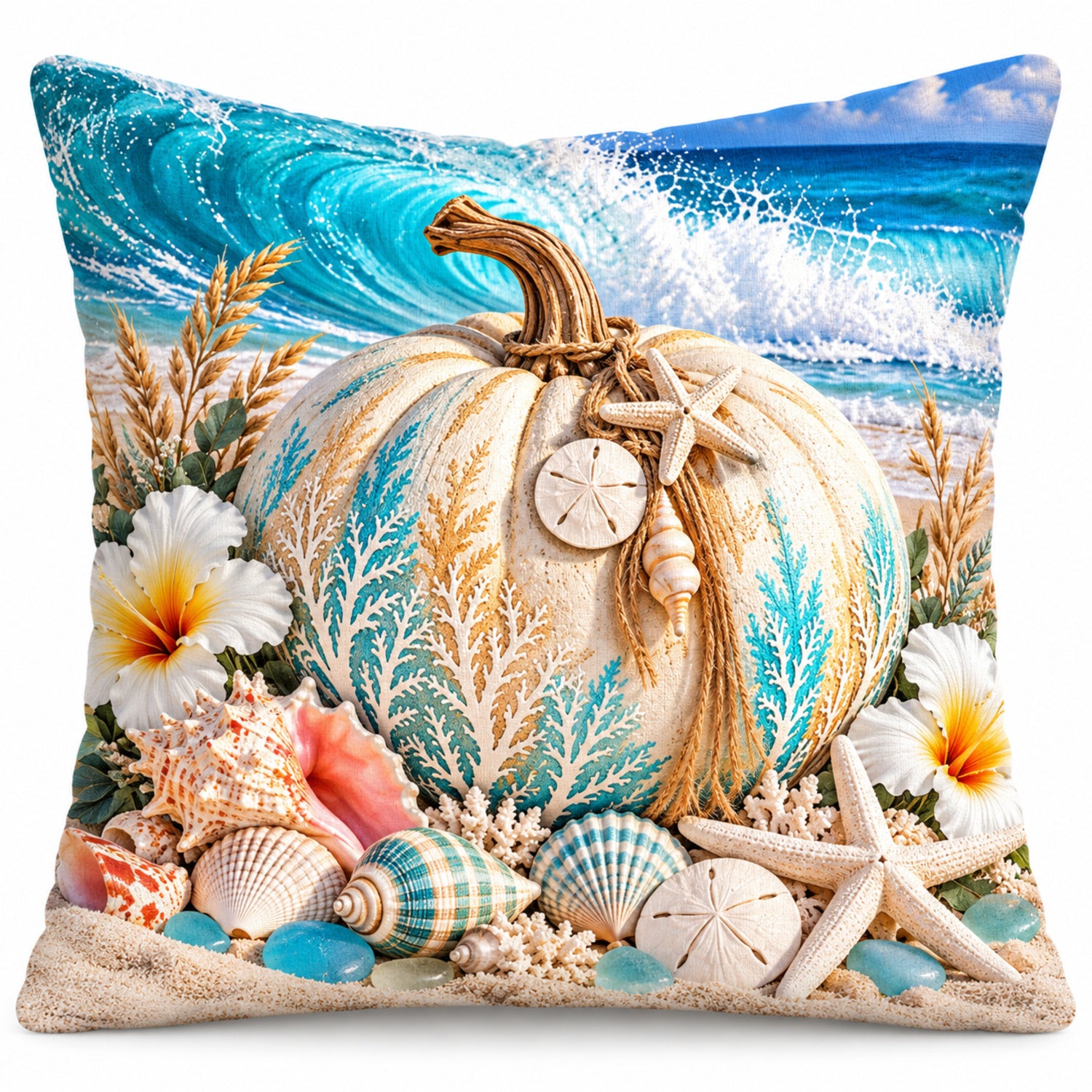 White Reef Pumpkin pillow cover on a white background