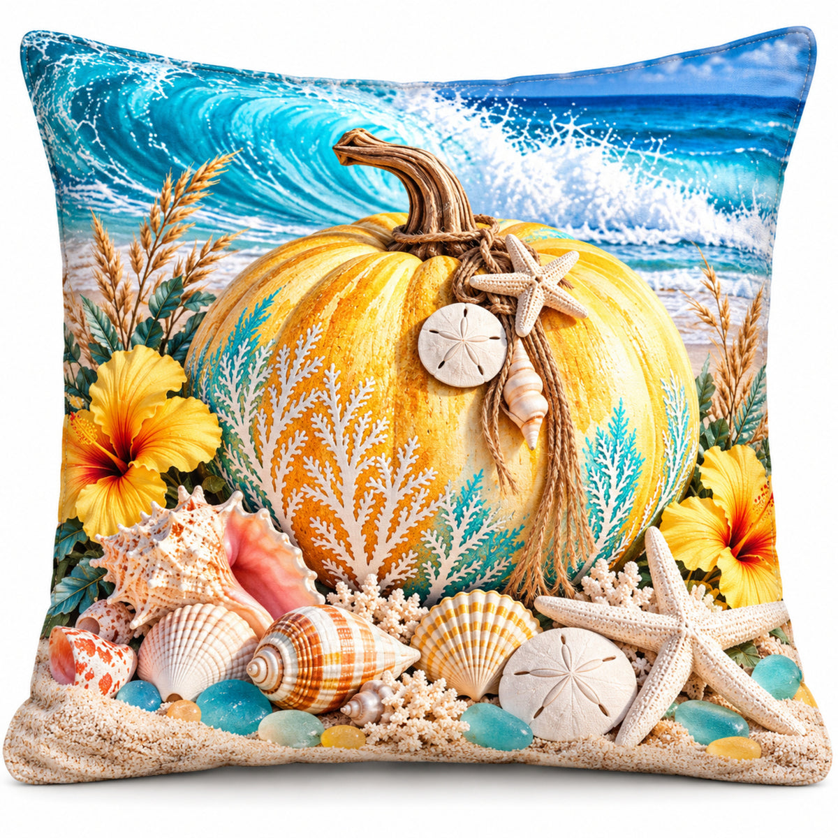 Yellow Reef Pumpkin pillow cover on a white background