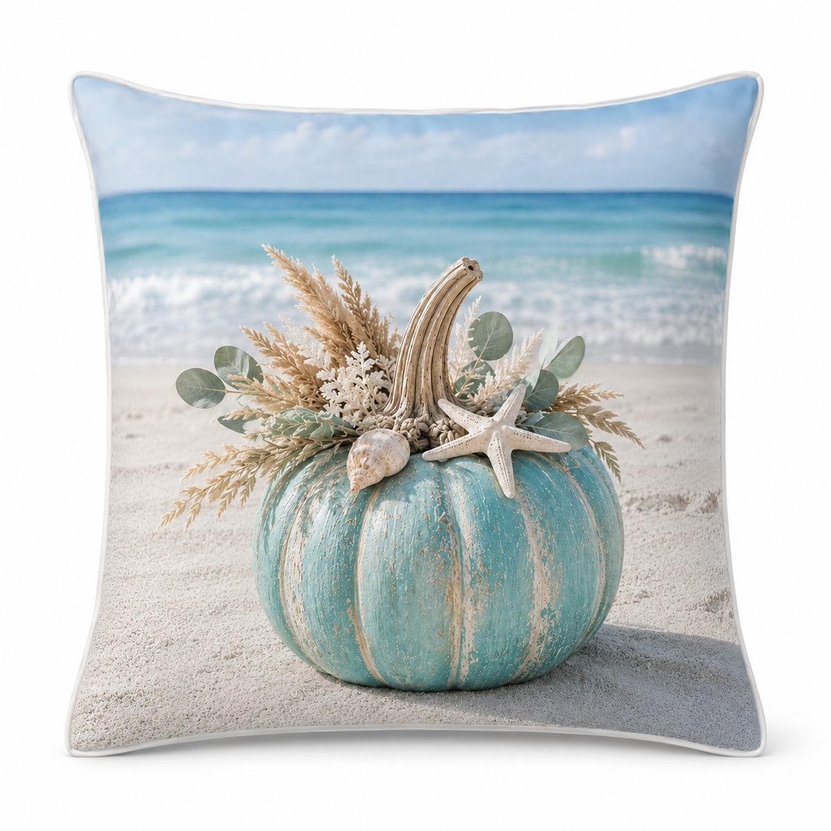 Turquoise Coastal Pumpkin pillow cover clean front view