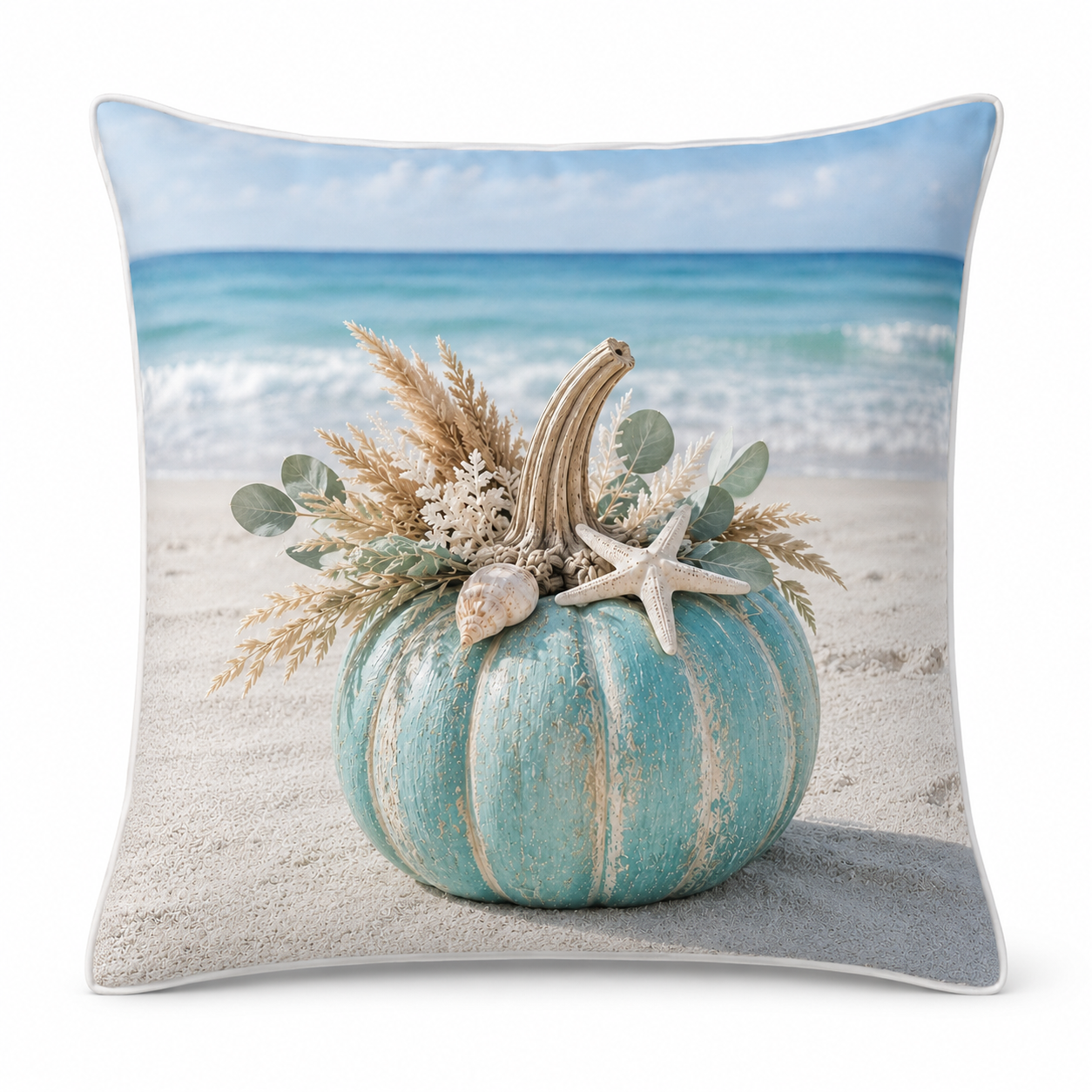 Turquoise Coastal Pumpkin pillow cover clean front view