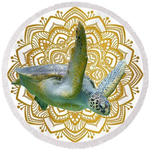 Golden Sea Turtle Mandala Round Beach Towel