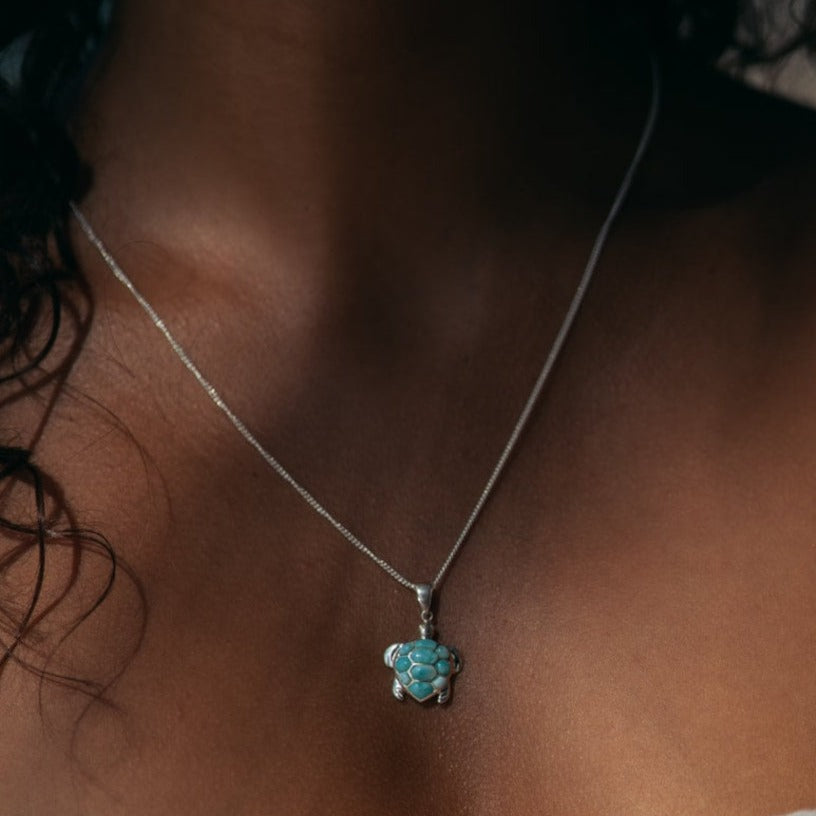 Caribbean Larimar Sea Turtle Pendant Necklace