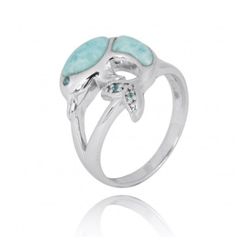 Sterling Silver Dolphin Ring with Larimar, London Blue Topaz and Swiss Blue Topaz