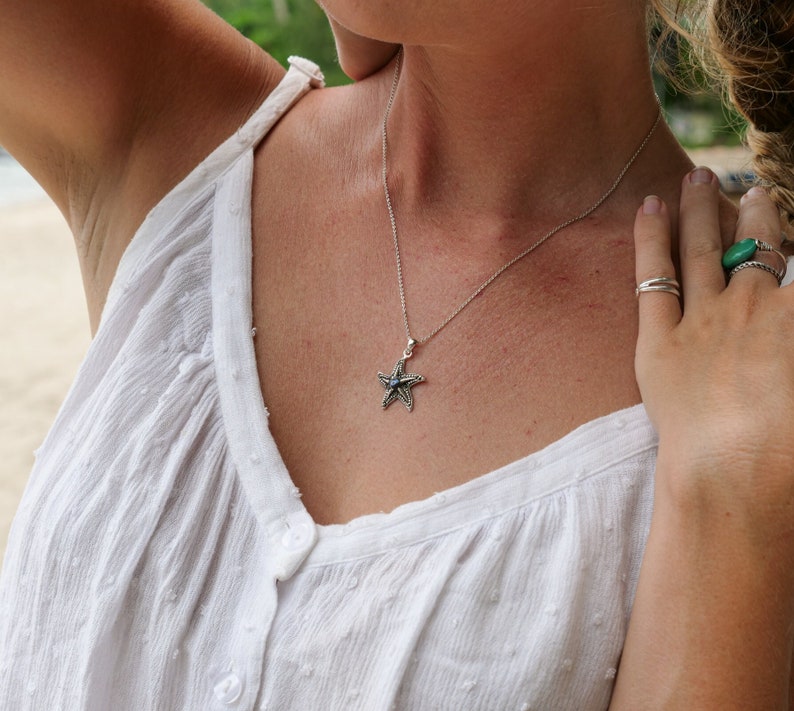 Starfish Pendant Necklace with Marcasite and Round Abalone Shell