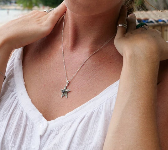 Sterling Silver Starfish Pendant Necklace with Marcasite and Round Abalone Shell