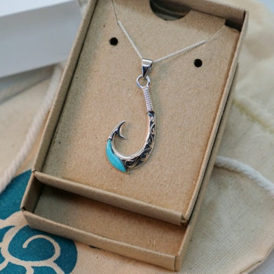 Maori Fishhook Pendant Necklace with Turquoise