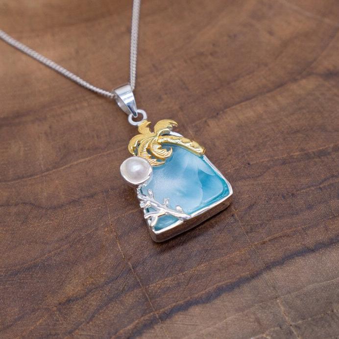 Larimar and White Pearl Necklace
