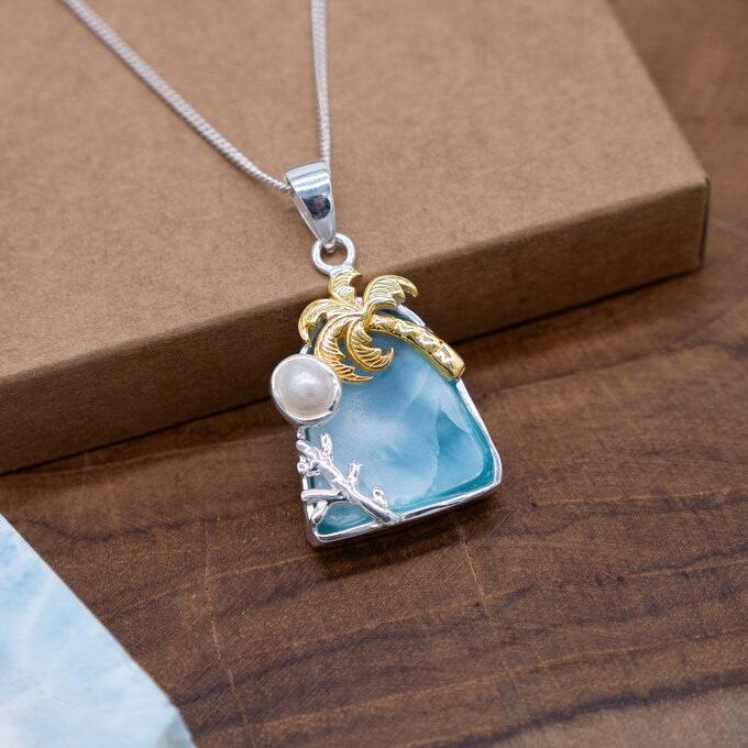 Larimar and White Pearl Necklace