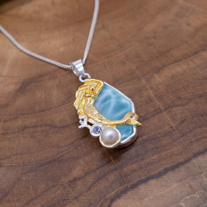 Mermaid Necklace Gold Pearl Blue Topaz