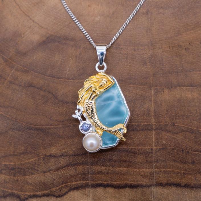 Mermaid Necklace Gold Pearl Blue Topaz