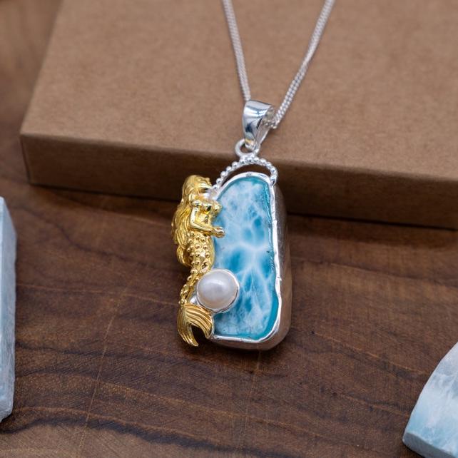 Mermaid Necklace - Gold, Larimar, Blue Topaz, Pearl, Silver