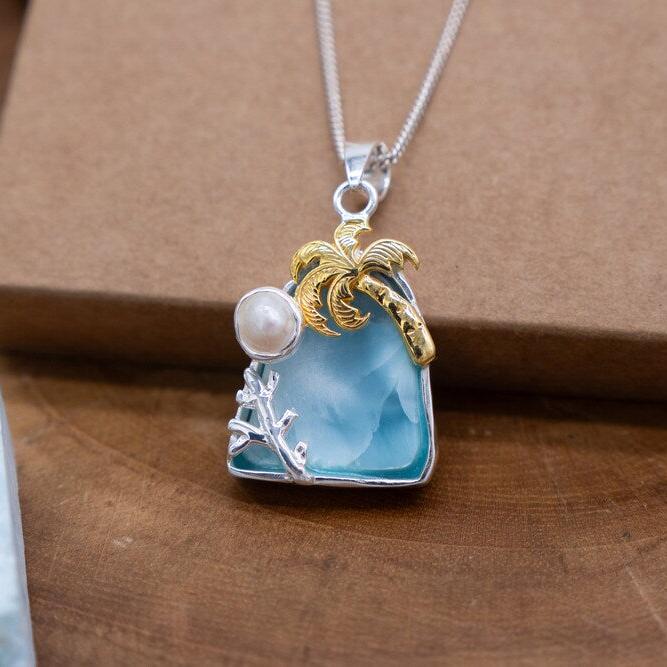 Larimar and White Pearl Necklace