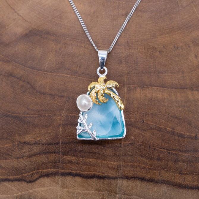 Larimar and White Pearl Necklace
