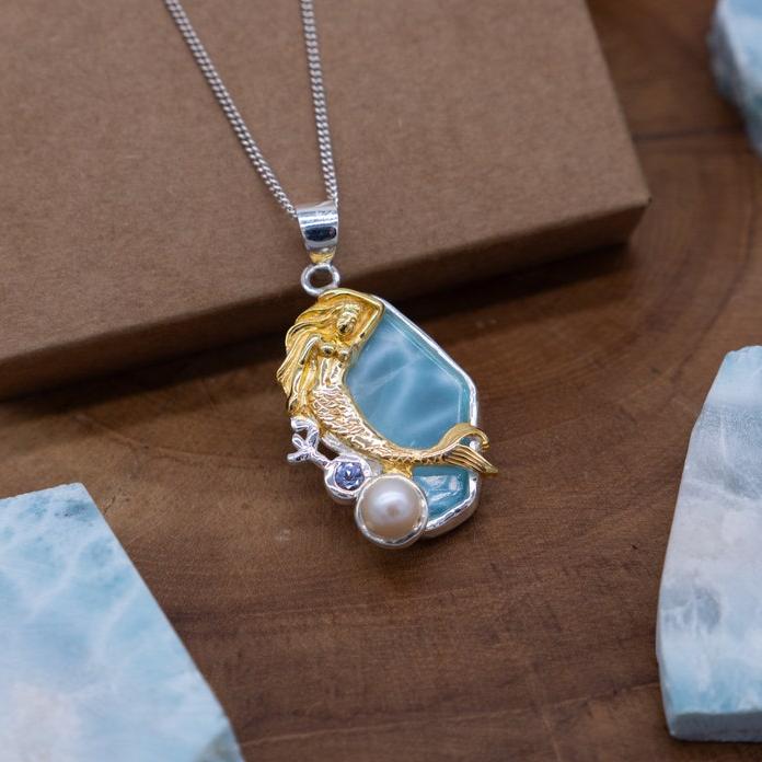 Mermaid Necklace Gold Pearl Blue Topaz